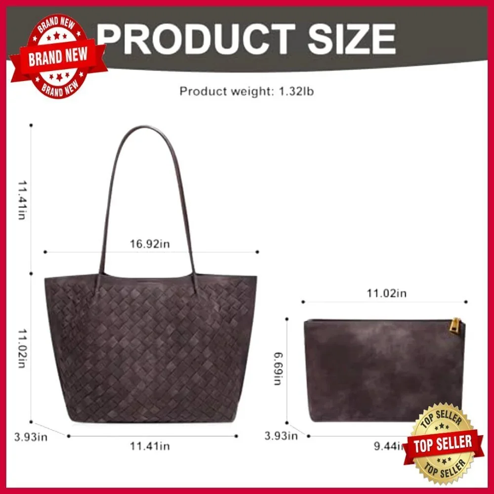 Large Woven Leather Tote Bag with Bonus Pouch, Spacious Work Handbag